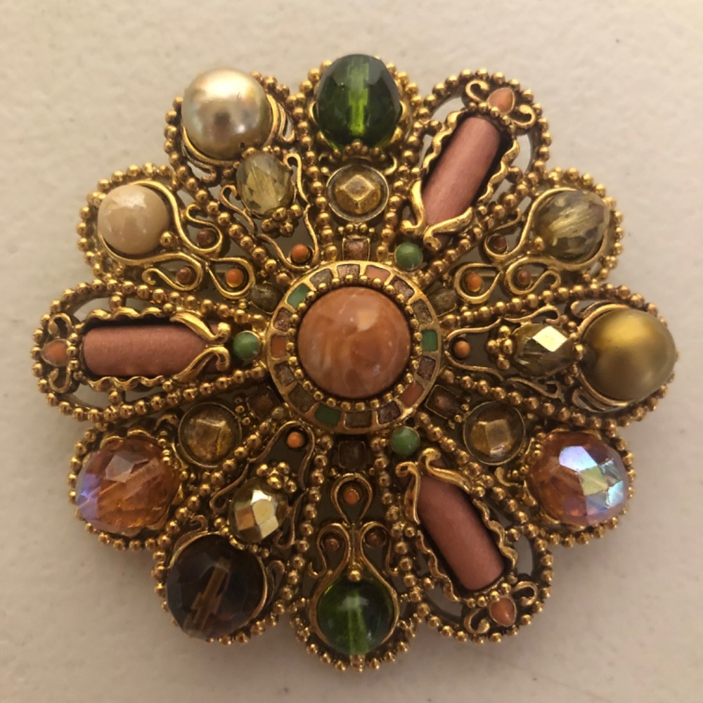 Joan Rivers Filigree Brooch Rare Mogul Style Pastel Pink Green Flower Shaped